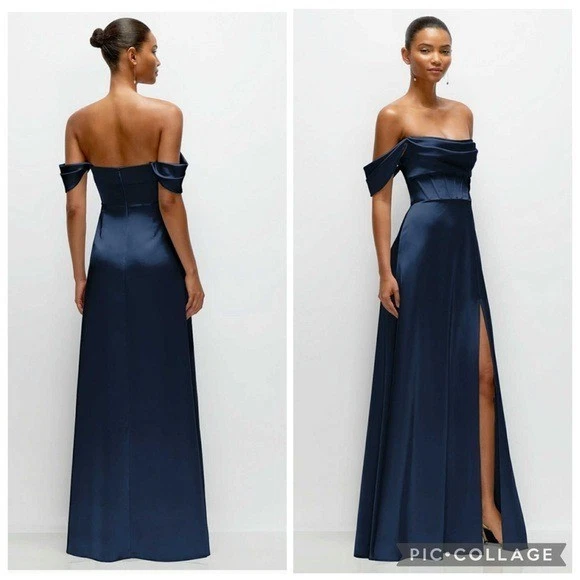 Vestido After Six 6898 cetim linha A fora do ombro ou sem alças meia-noite azul marinho 16 - Imagem 3 de 4