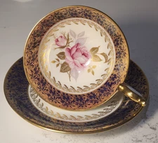 Aynsley Tea Cup & Saucer #2539 Cabbage Asian Rose Cobalt Blue Gold Athens Shape