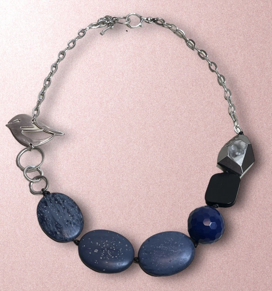 化石 Y2K 鸟项链钥匙人造拉皮斯蓝色厚银色链复古 — 第 2/4 张图片