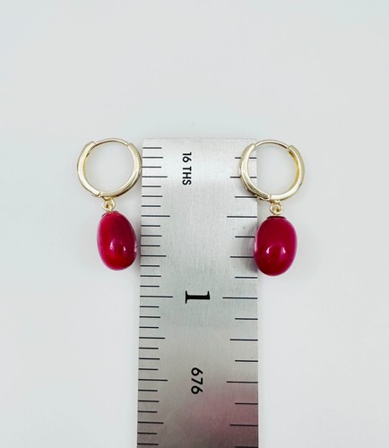 Estate 14K Yellow Gold Natural Red Coral Drop Dangle Huggie Mini Hoop Earrings - Picture 15 of 18