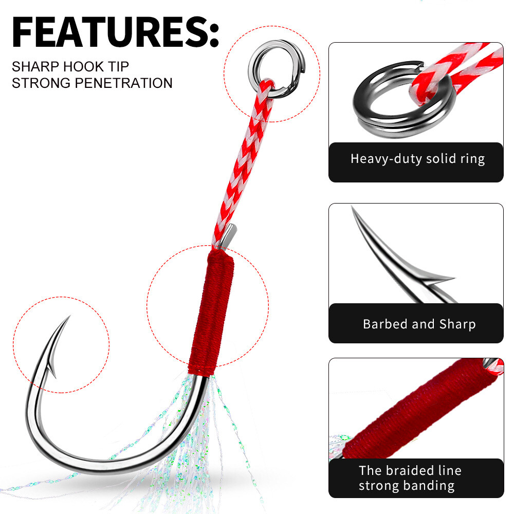 50pcs Fishing Assist Hooks Kit - Saltwater Jigging Hooks, Carbon Steel Circle Hooks With Flash Tassel