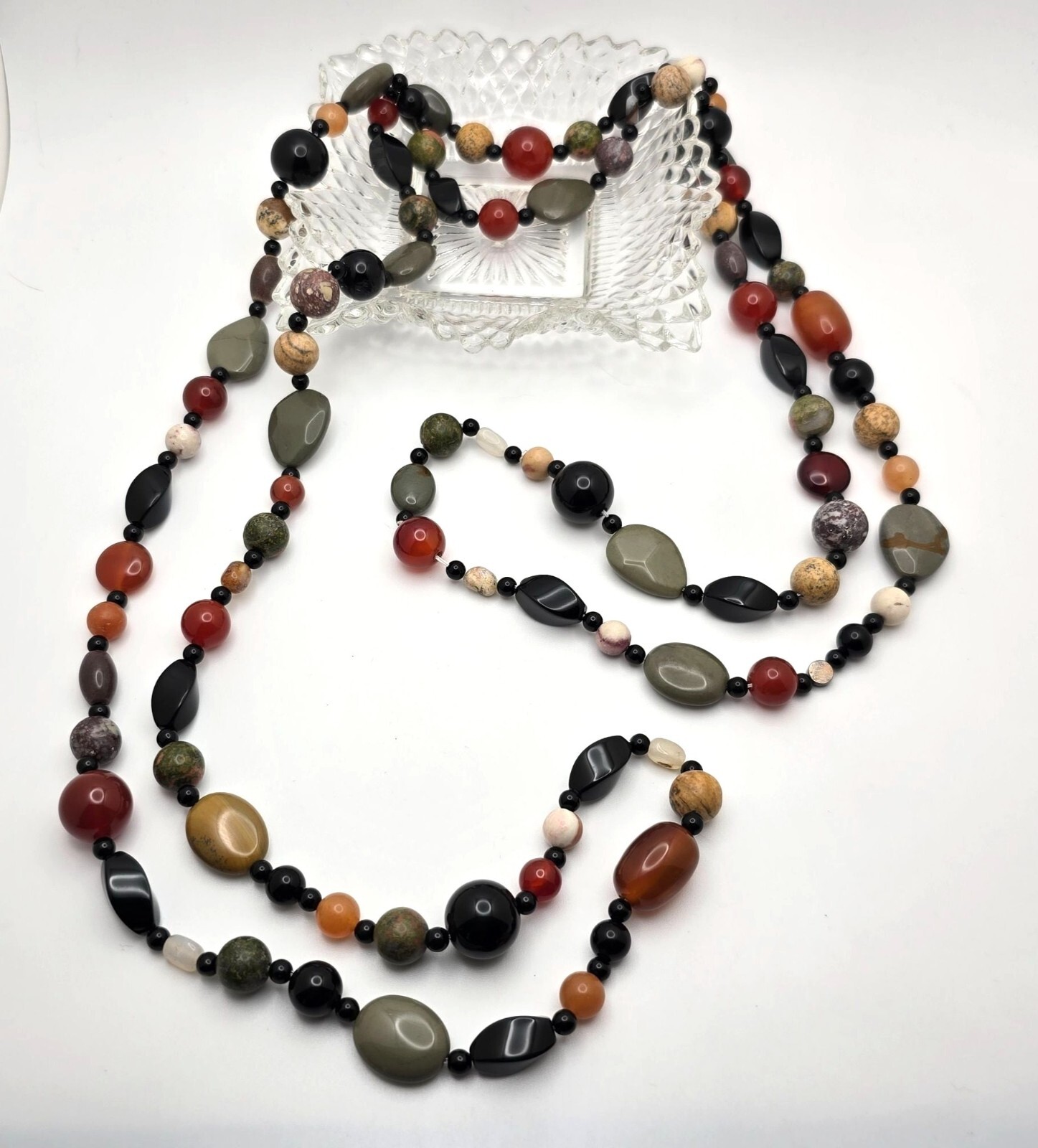 Multicolor Natural Polished Semi Precious Gemstone Glass Bead Necklace 60 Inches