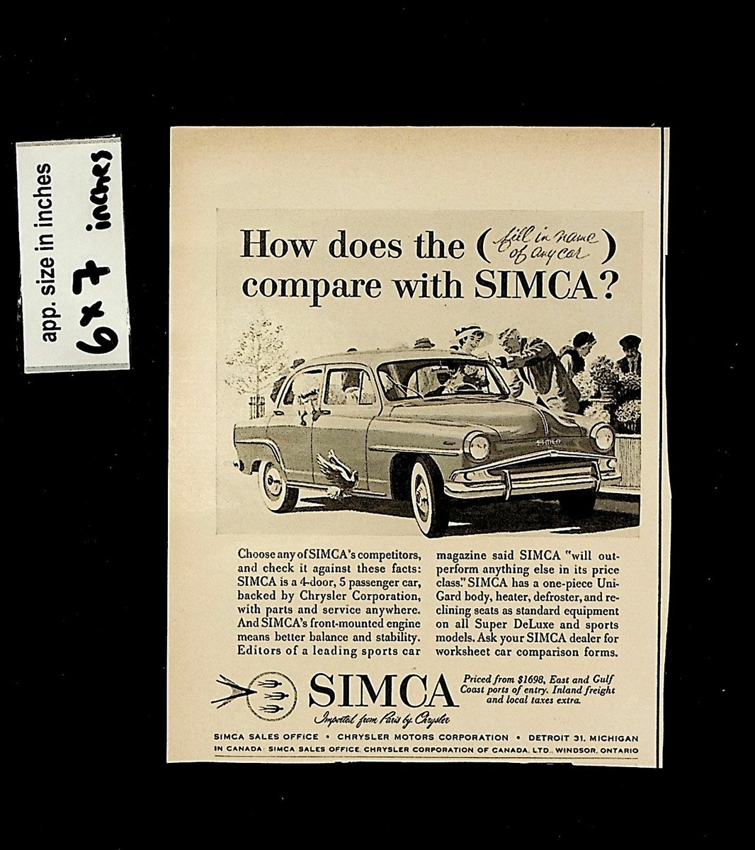 1953 Simca Sales Office Car Family Vintage Print Ad 9759 | eBay