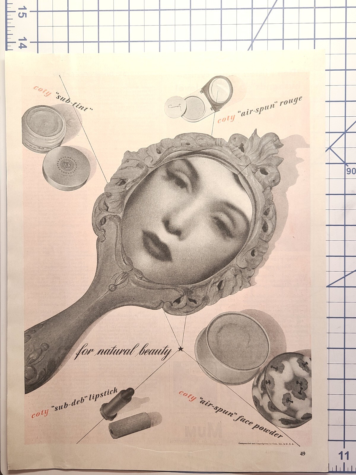 Coty Makeup Beauty Mirror Air-Spun Rouge Powder Lipstick Vintage Print Ad 1942