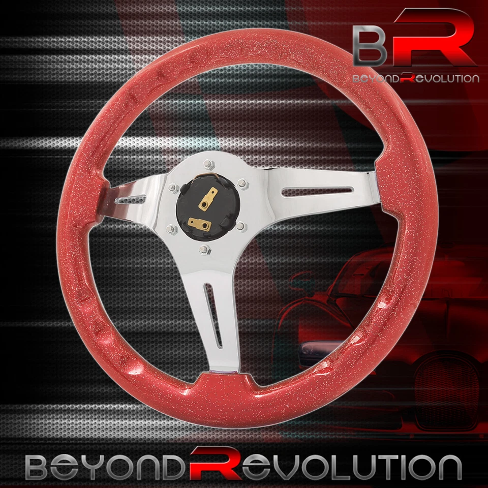 Plato profundo cromado madera roja 350 mm 3 radios volante de acero resistente + botón Foto 4 de 4