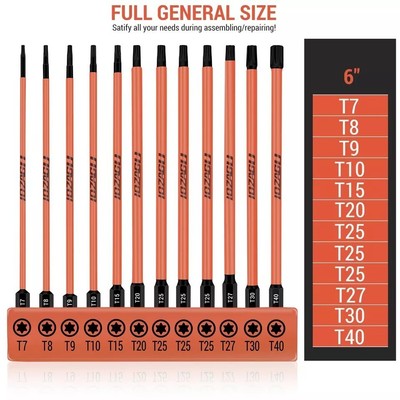 12Pcs Long Torx Bit Set 6-Inch (152mm) T7 to T40 Magnetic Security Tamper Pro...
