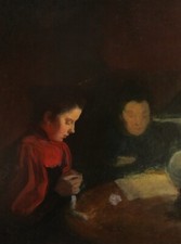 Quadro Francese Due Donne Lettura Sartoria Scena Interno Chiaroscuro Olio