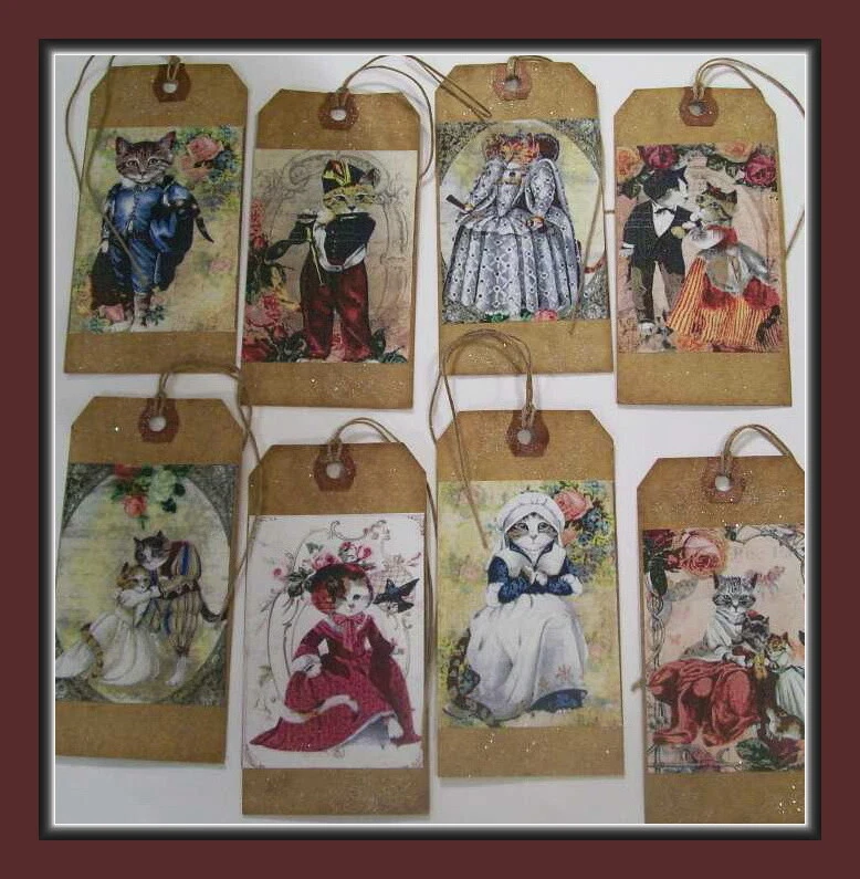 FANCY VICTORIAN DRESSED CATS - SET OF EIGHT HANG TAGS WITH A TOUCH OF GLITTER - Image 3 of 4