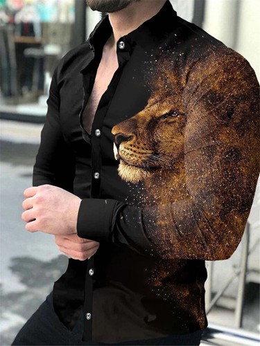 Fashion Men Long Sleeve Shirts Lapel Lion Print Buttoned Shirt Casual Long - Foto 19 di 43