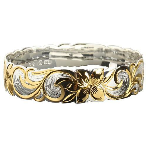 Hawaiian Sterling Silver Bangle Queen Scroll Engraving Cut Out Edge Yellow Gold - Picture 1 of 4