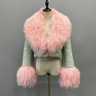 Women Cropped Mongolian Fur Coat Natural Fluffy Warm Fashion Short Wool Jacket
