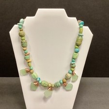20 Beach Green Sea Glass Copper Wire Necklace Ceramic Beads Adjustable Summer