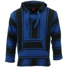 Recycled Mexican Baja Jerga Hoody Drug Rug Pullover Hoodie Blue Black