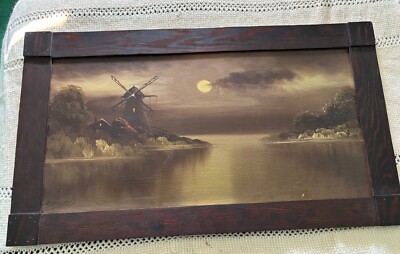 Alvah Browning Oil On Board Dutch Mill By Moonlight Framed Vintage