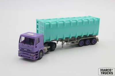 Herpa Iveco EuroTech flat roof bulk container semi-trailer truck purple/turquois