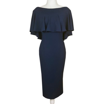 Dress the Population Maggie Off-Shoulder Ruffle Dress Size 0 Navy Blue Sheath