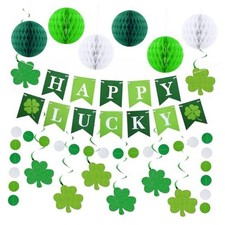 24 PCS St Patricks Day Decorations Happy Lucky Banner with Honeycomb Balls