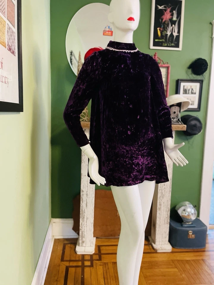 Vestido de Fiesta Vintage Años 70 Encaje Cuello Alto Manga Larga Terciopelo Aplastado 36 S/M Hecho a Mano Foto 2 de 4