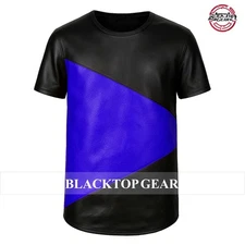 Men's New Classic Black & Blue Genuine Lambskin Leather T-Shirt All Sizes