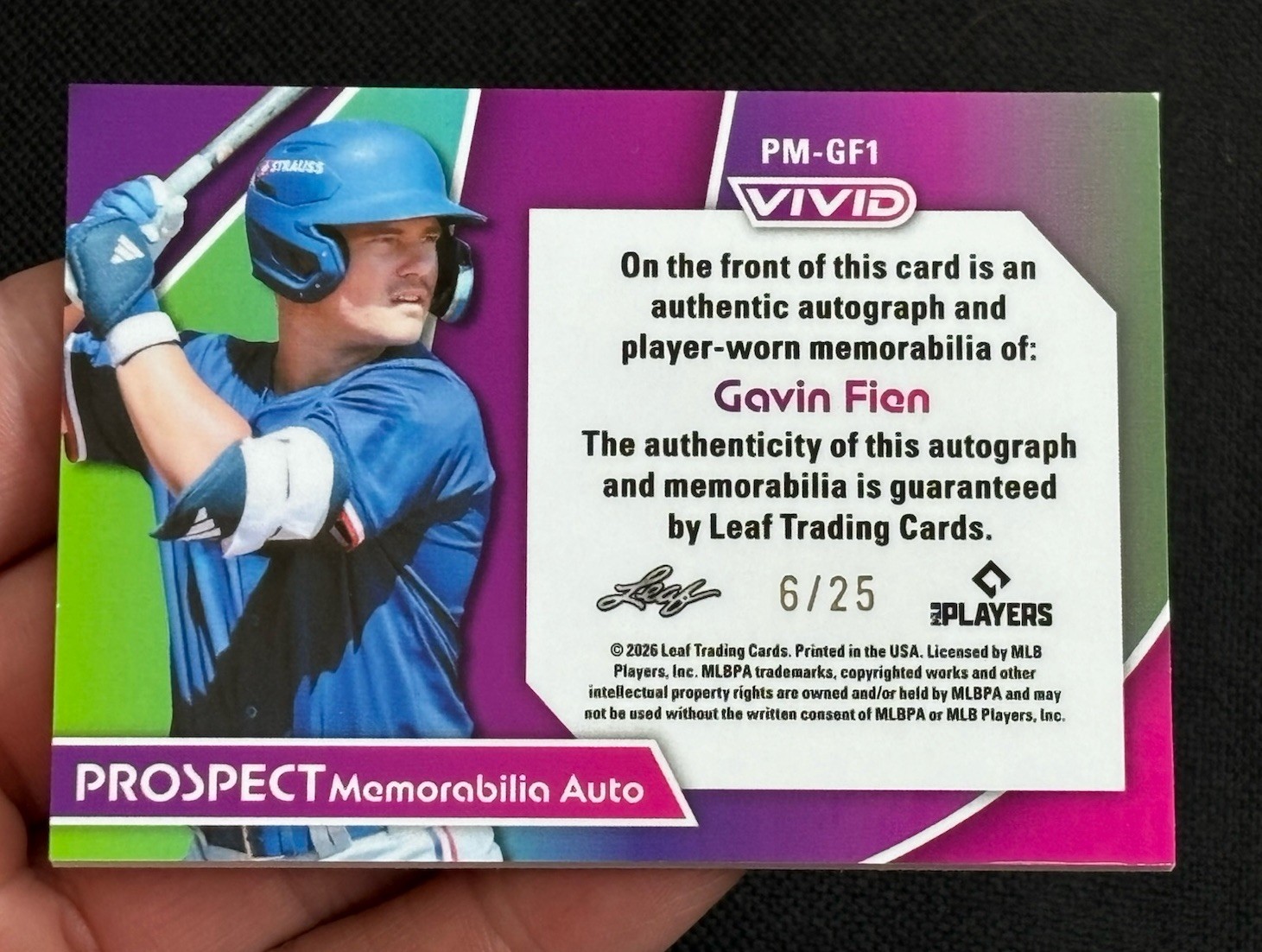 Gavin Fien /25 Prospect Memorabilia Patch Auto 2026 Leaf Vivid Baseball PM-GF1 view 3