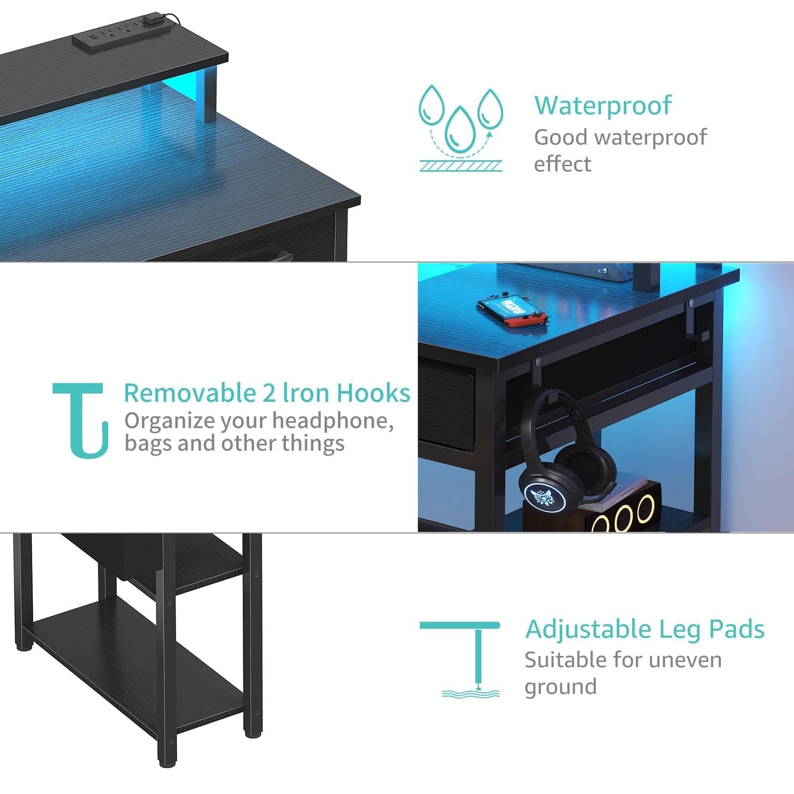 Gaming Desk with Led Lights and Power Outlets, 47 Inch Home Office Desk with ...