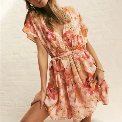 NWT Free People Freddie Tie Waist Orange Floral Mini Dress Small | eBay