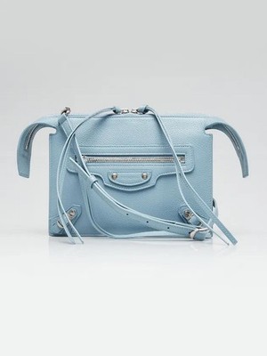 BALENCIAGA Blue Grey Pebbled Leather Neo Classic City Crossbody Clutch Bag
