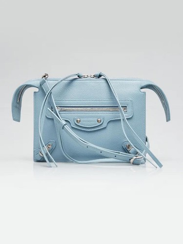 BALENCIAGA Blue Grey Pebbled Leather Neo Classic City Crossbody Clutch Bag