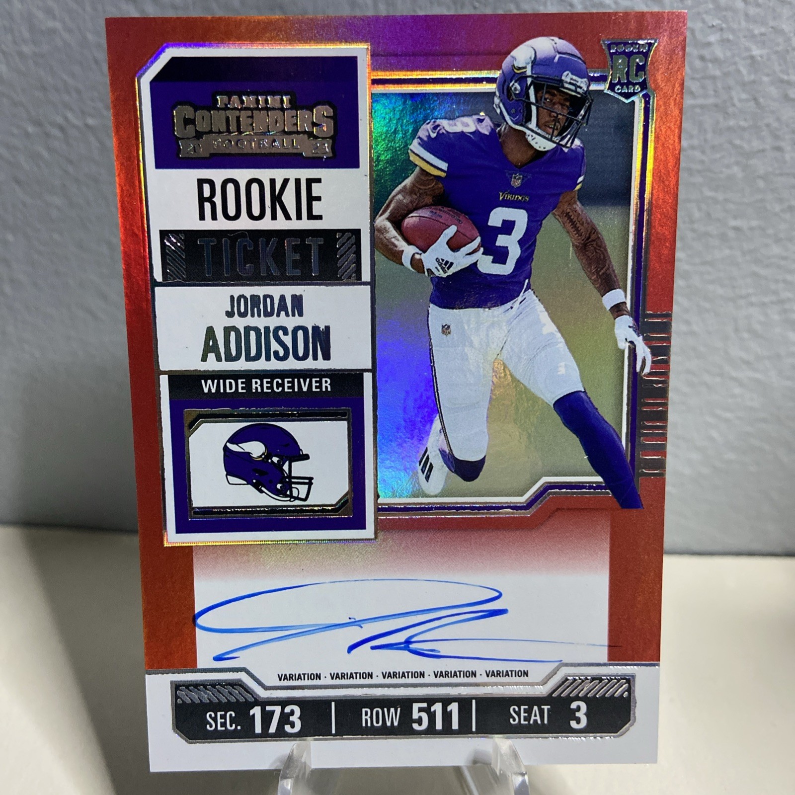Jordan Addison 2023 Contenders Rookie Ticket Red Zone FOTL Auto Variation