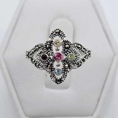 Vintage Sterling Silver Multi Gemstone Filigree Ring Size 8.75 Floral CW TH 