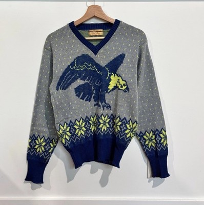 Vintage 40 s Novelty Animal Print Eagle Sweater Birdseye Ski Colors Small Rare