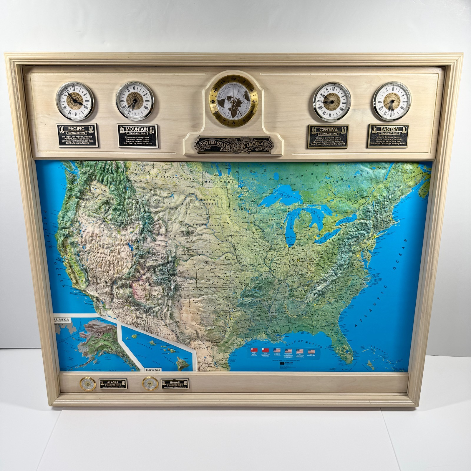 Vintage Hubbard Scientific Raised Relief USA Map 7 Clock Time Zone Wall Display