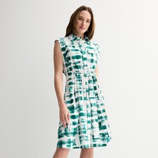 NWT Andrew Marc Green/White Sleeveless Button Up Belted Shirt Dress Size 14 Work