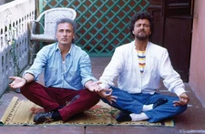 The comedian Beppe Grillo the writer Stefano Benni pretending to m- Old Photo