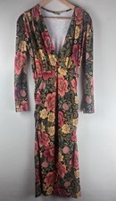 Farm Rio Black Pink Red Floral Deep V Long Dress Side Ruching Large Long Sleeve