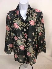 Notation Top Women Size L Black w Pink Blue Flowers Button Down Sheer Blouse