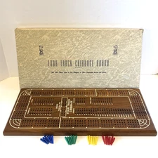 VTG Drueke 4 Track Hardwood Cribbage Board Model 1962 Solid Walnut w/Pegs & Box
