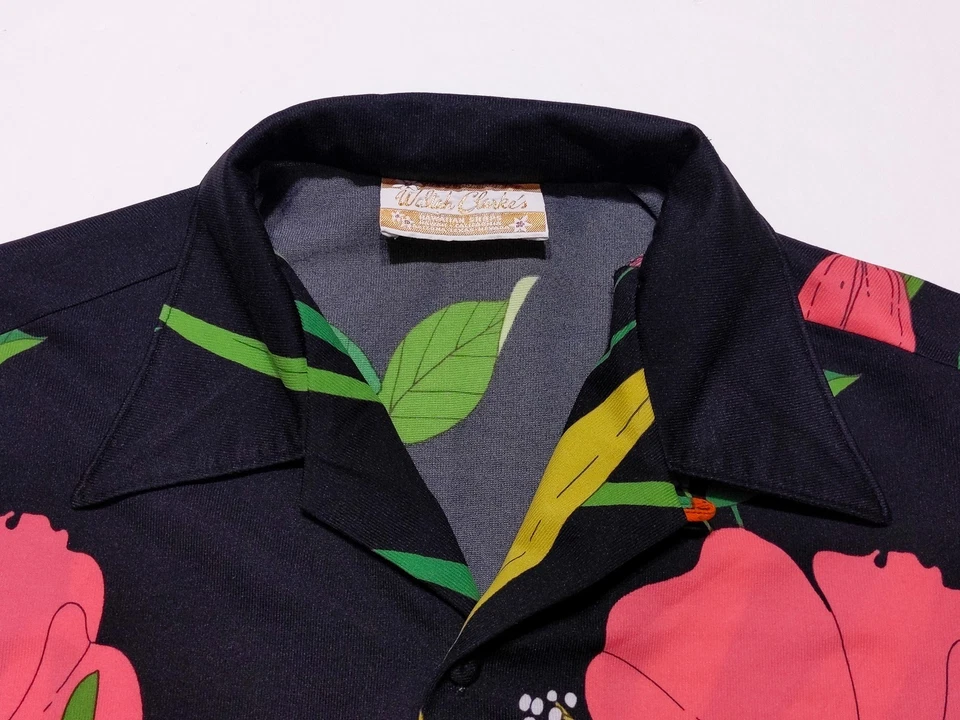 复古 WALTAH CLARKE'S 夏威夷衬衫 20 世纪 60 年代 20 世纪 70 年代花卉迪斯科领大号 L — 第 3/4 张图片