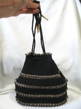 FAB 1950S BLACK SILVER CROCHETED BEADED CINCH BUCKET PURSE HANDBAG