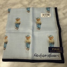 NEW Polo Ralph Lauren All Over Bear Handkerchief Scarf Pocket Square Baby Blue