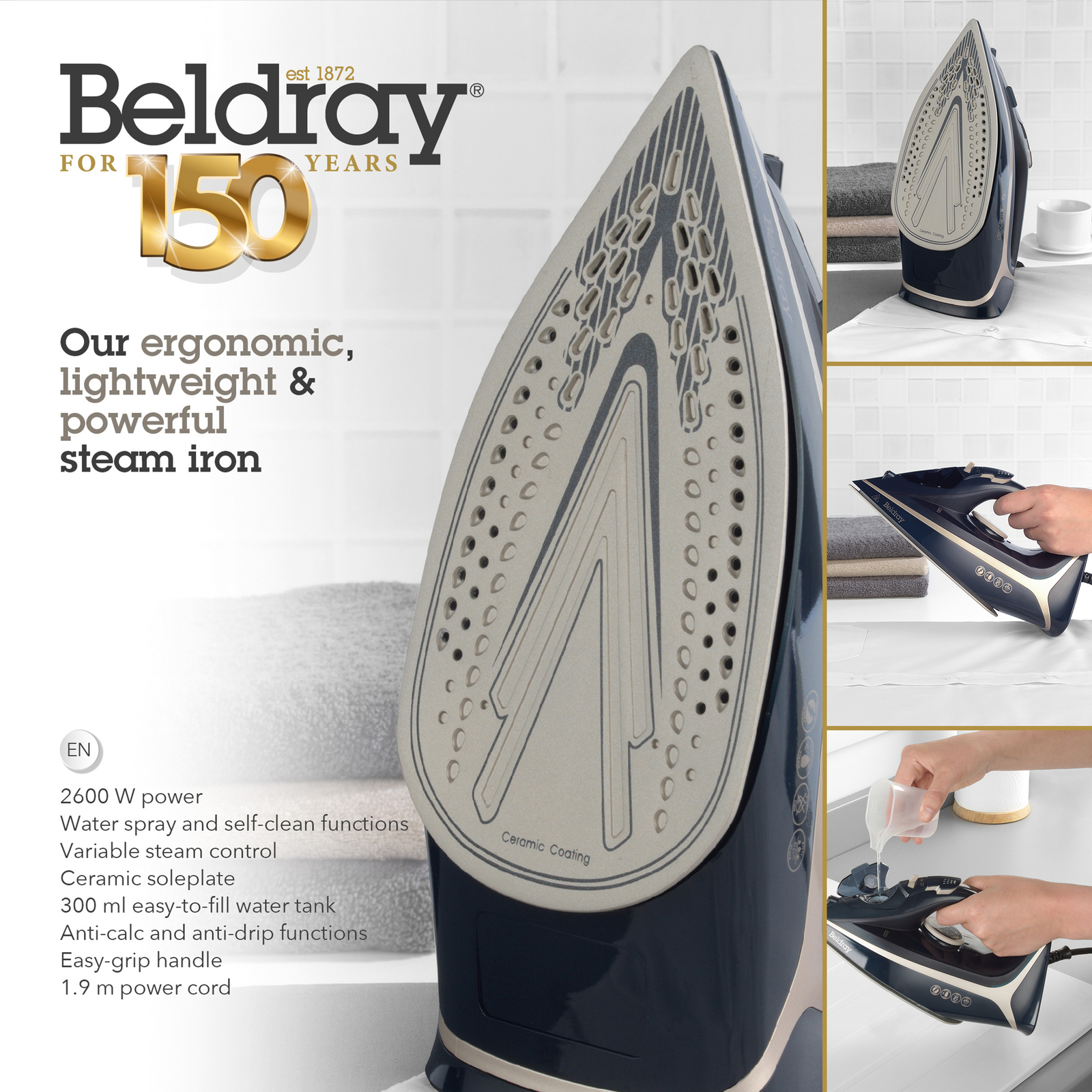 Beldray Steam Iron Ceramic Soleplate EasyGrip Variable Temperature Navy/Platinum eBay