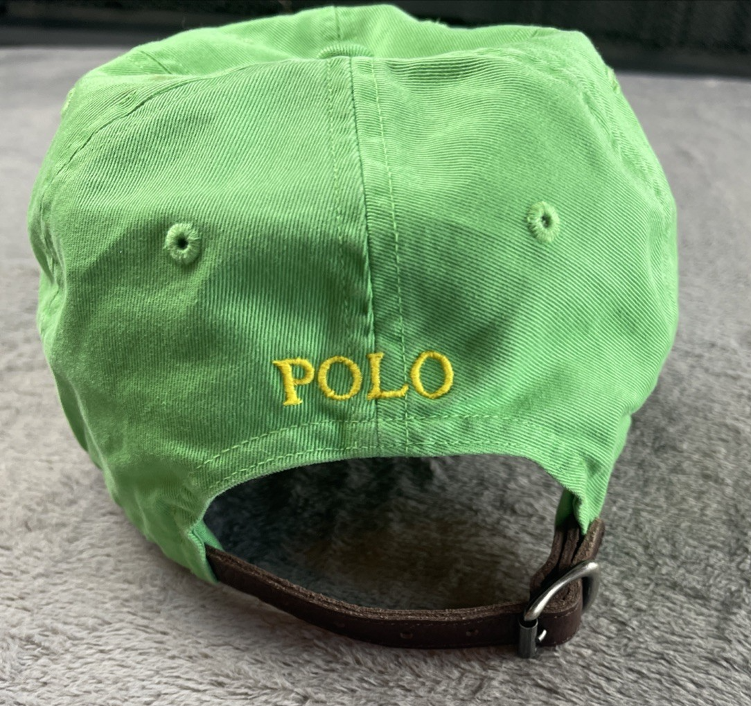 VINTAGE Ralph Lauren Polo Cappello Berretto Cinturino Pelle Schienale Verde Giallo Pony OSFA