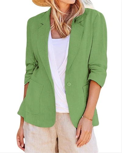 Mujeres Blazer de Algodón Manga 3/4 Acanalado Forrado Traje Informal Elegante Chaqueta de Trabajo Asiática - Imagen 9 de 33