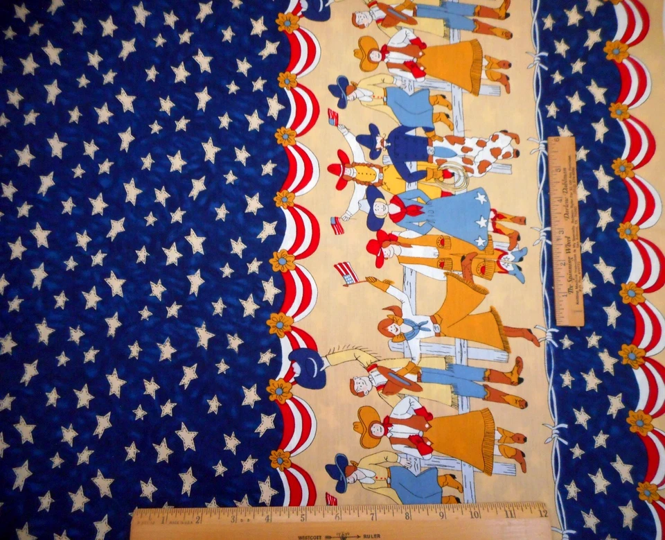 Western Fabric 1 1/8 Patriotic Cowboys Cowgirl Border Stars Navy Moda Cotton Vtg - Image 2 of 4