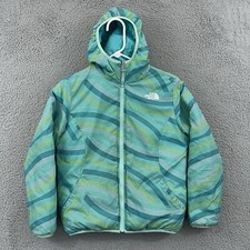 The North Face Jacket Girls M 10/12 Teal Reversible Stripe Hooded Zip Outdoor