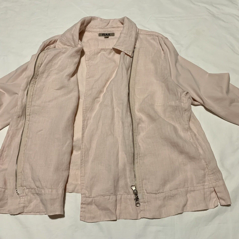 FLAX Moto Jacket Womens Large Pink Linen Lagenlook Collared Full Zip Knit - Image 3 of 4