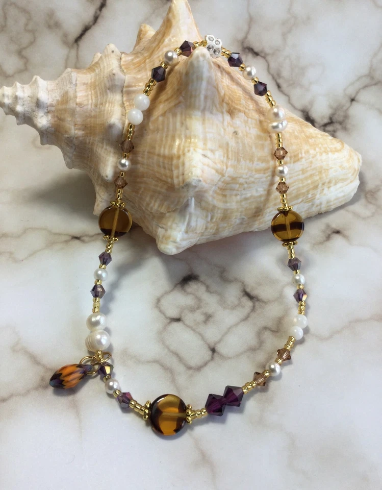 Pulseira/tornozelo de pérola de ametista tcheca feita à mão com elementos Swarovski EUA - Imagem 3 de 3