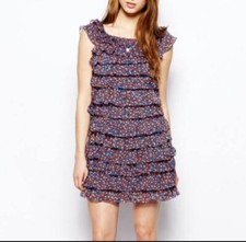 French Connection Blue A-Line Dress  Floral Tiered Daisy Dew Ruffles 12