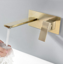 Wall Mounted Bathroom Basin Sink Tap Hot Cold Spout Mixer Bath Faucet Brush Gold