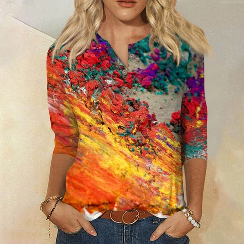 3/4 Length Sleeve Womens Tops Casual Loose Fit V-neck Shirts Floral Tunic Tops - Picture 34 of 51